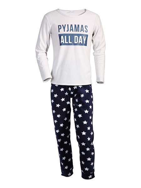 body-warmed pajama set, white top shirt with logo print, pants with allover print